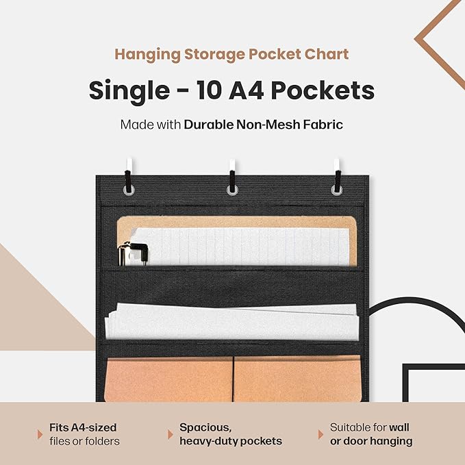 Hippo Creation Heavy Duty Storage Pocket Chart for Classroom, 10 Pocket Storage Organizer with 6 Over-Door Hangers, Hanging Wall Organizer for File Folders, School Mailbox, Home Office Papers - Black