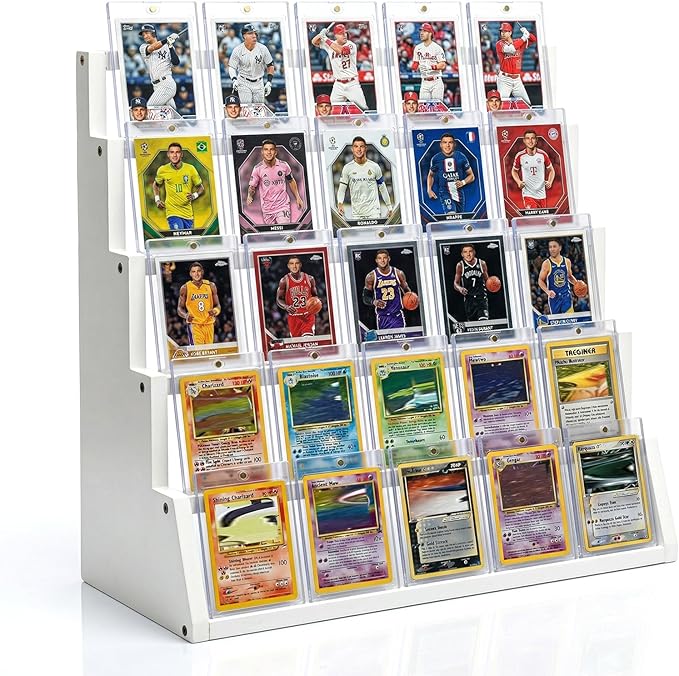 5 Tier Wooden Card Display Stand – Vertical Card Holder Display for Trading Cards, Game Cards, Sports Cards, Graded PSA/BGS/SGC, Baseball, Basketball&Football(Soccer) Card Stand, Desk & Shelf Organize,White