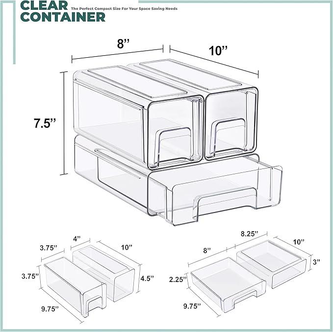 Sorbus 1 Medium & 2 Small Clear Stackable Storage Drawers, Plastic Organizer Bins with Handles, Pull-Out Drawers for Bathroom Closet, Medicine, Cabinet, Pantry Storage, Baby Bottle Organizer