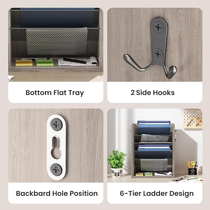 Creso hom Mail Organizer Wall Mounted, 6-Tier Wall File Organizer with 2 Hooks, Wooden Desk Organizer Magazine Holder with Bottom Flat Tray, for Office Home, Greige
