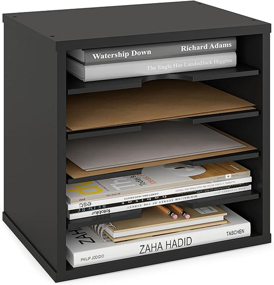 Ballucci 5-Tier File Organizer for Desk, Wooden Mail Sorter, Office Desk Organization, Paper Storage Organizers, Folder holder for desk, Letter Trays & Stacking Supports, Adjustable Shelves, Black