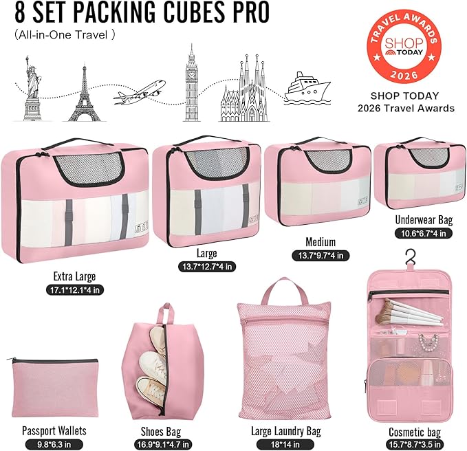 Veken 8 Set Packing Cubes for Travel Essentials, Suitcase Organizer Bags in 4 Sizes, Carry-On Luggage Accessories with Large Laundry & Shoes Bag, Must-Have for Airplane, Road Trip & Camping