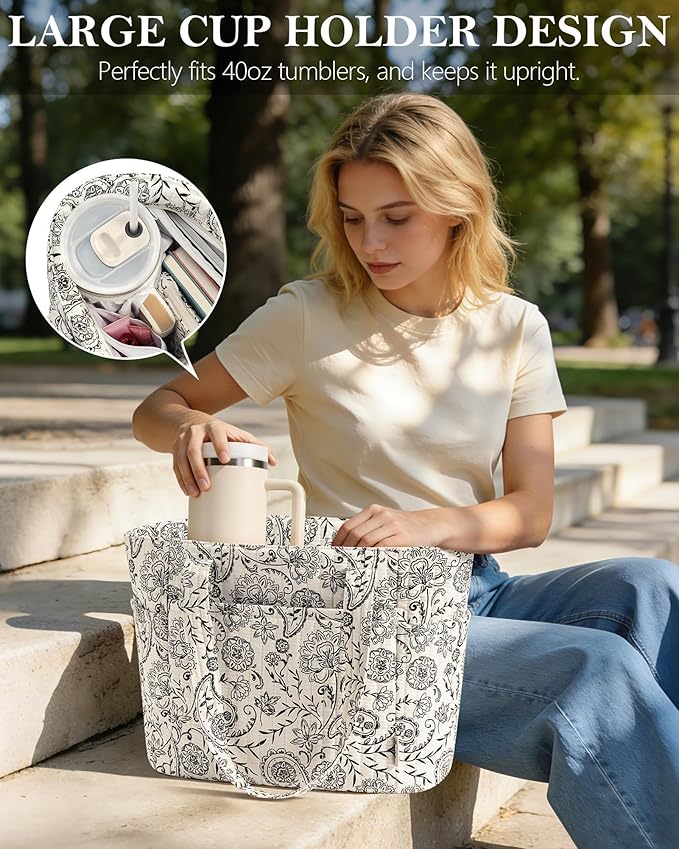 Bagstellar Puffer Tote Bag for Women, Quilted Cotton Laptop Work Tote Shoulder Bag for College School, Teacher, Nurse, Travel | Top Full-zip Closure