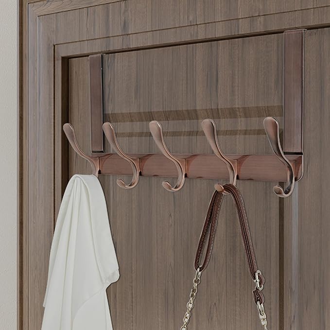 WEBI Over The Door Hook 5 Coat Hooks,Over The Door Towel Rack,Door Hanger Over Door Coat Rack for Hanging Clothes,Towels,Back of Bathroom,Antique Copper,2 Packs