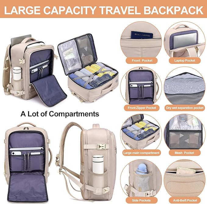 EZUOLA Carry On Backpack, Travel Backpack for Men Women Airline Approved, Underseat Personal Item Travel Bag With Shoe Compartment,Laptop Mochila 15.6inch Casual Daypack for Weekender College,Beige