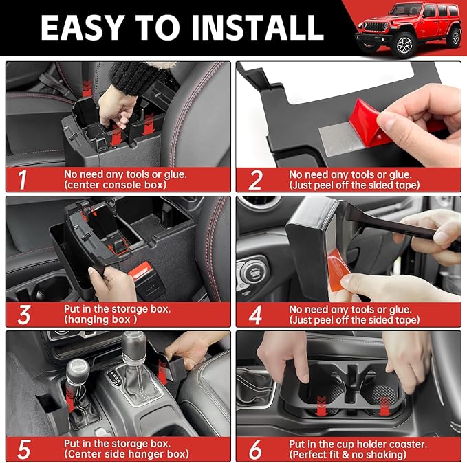 Center Console Organizer Fit for 2018-2025 Jeep Wrangler JL JLU 4XE/Gladiator JT Center Console Cup Holder Armrest Storage Hanging Gear Shift Tray for Wrangler&Gladiator(3-Piece+Cupholder)