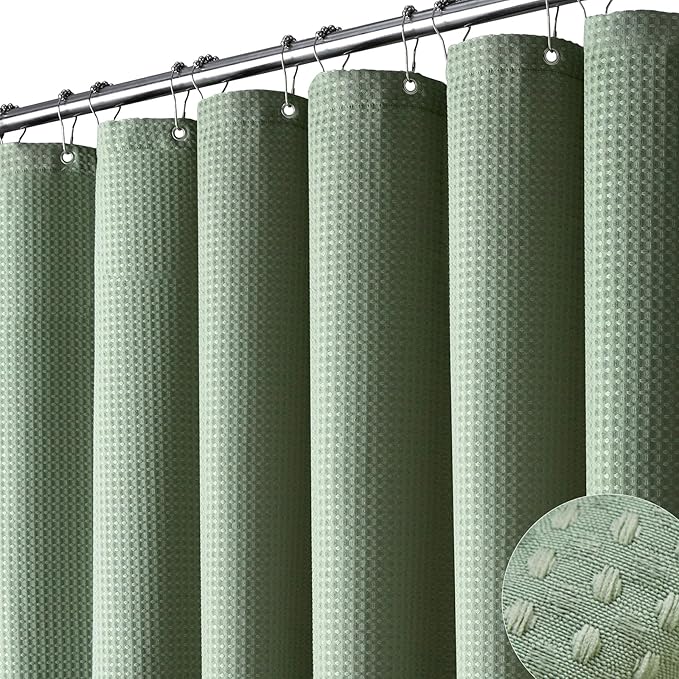 Dynamene Extra Long Fabric Shower Curtain - Waffle Weave 90 Inches Long Heavy Duty Cloth Shower Curtains for Bathroom, 256GSM Tall Hotel Luxury Bath Curtain Set with 12 Plastic Hooks，Sage Green