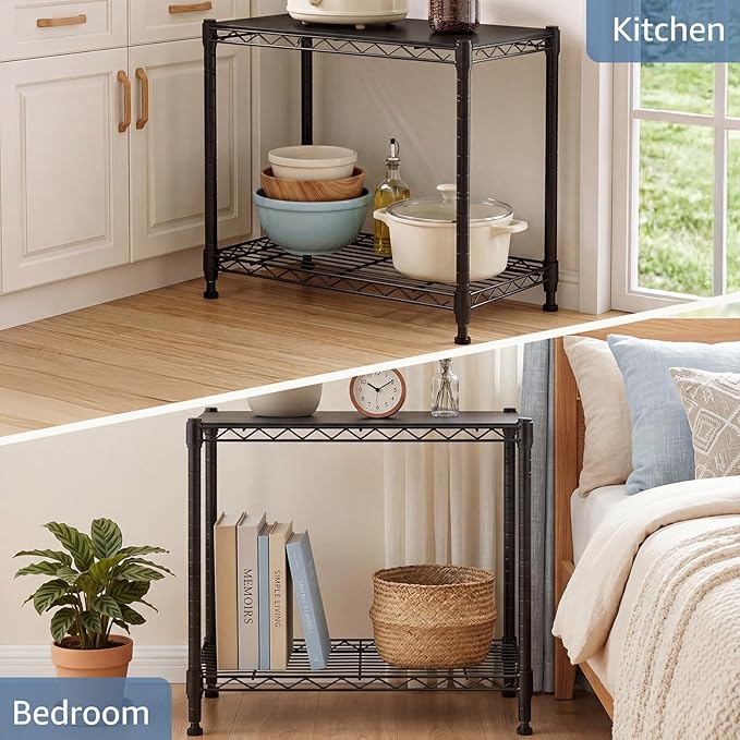 DUMOS 2-Tier Metal Wire Storage Shelves, Adjustable Standing Storage Rack Shelf, Heavy Duty Steel Shelving Unit Organizers for Kitchen Bathroom Pantry Garage, 23.3" W×13.4" D×22.1" H, Black