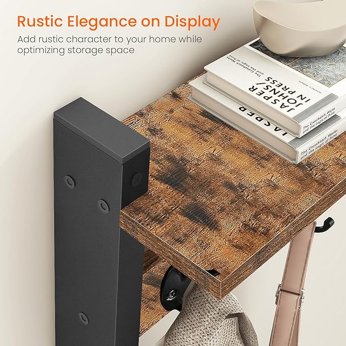 Homode Wall Hooks with Shelf, Wood Coat Rack with Shelf Wall-Mounted, Entryway Hanging Shelves with 5 Metal Hooks for Clothes Hats Towel Purse Robes, Bathroom Mudroom Bedroom, Rustic Brown Black