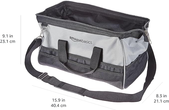 Amazon Basics Durable Wear-Resistant Tool Storage Bag with Adjustable Shoulder Strap, Portable Tool Organizer, 16 in, Black & Grey