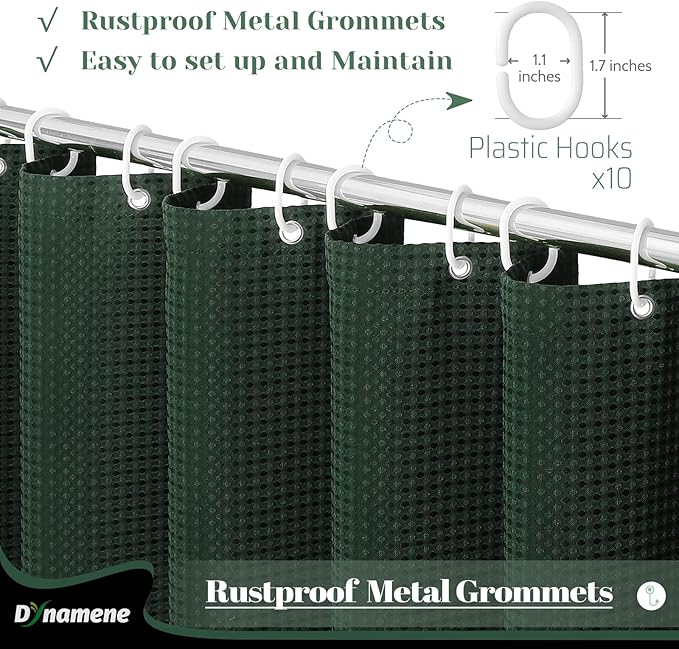 Dynamene Stall Fabric Shower Curtain - 54x78 inch Long Waffle Weave Weighted Thick Cloth Shower Curtains for Bathroom,Heavy Duty Hotel Spa Luxury Bath Curtain Set with 10 Plastic Hooks, Dark Green