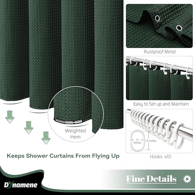 Dynamene Stall Fabric Shower Curtain - 60 x 84 inch Long Waffle Weave Weighted Thick Cloth Shower Curtains for Bathroom, Neutral Heavy Duty Hotel Spa Luxury Bath Curtain Set with 10 Hook, Dark Green