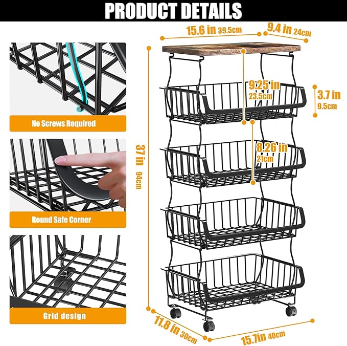 Gsiekare Fruit Vegetable Basket for Kitchen, 5 Tier Stackable Fruit Vegetable Storage Baskets with Wheels, Metal Wire Storage Basket Organizer Baskets for Kitchen, Pantry, Bathroom