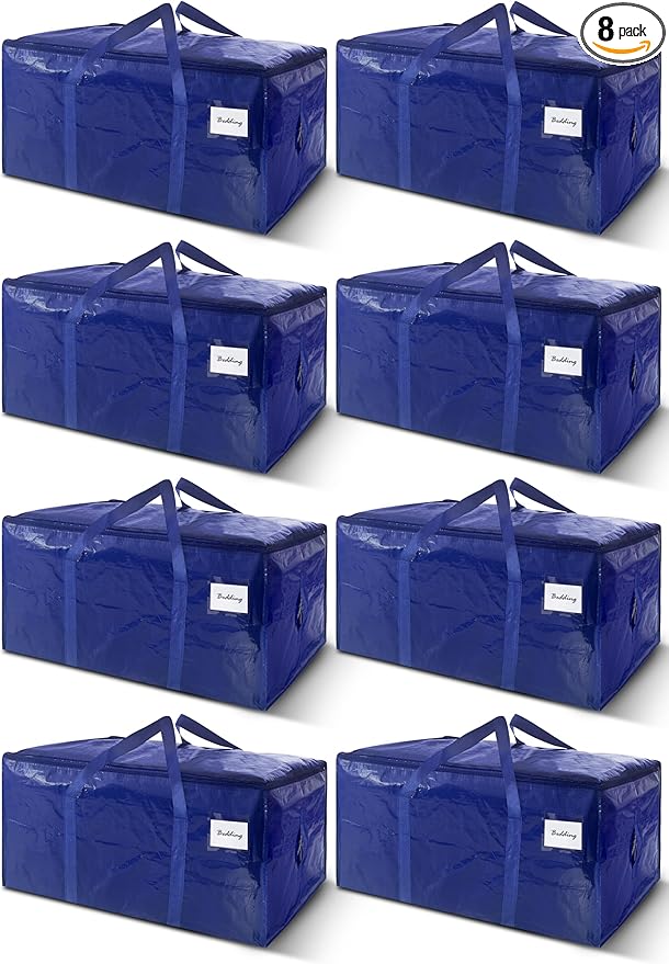 8 Pack Extra Heavy Duty Large Moving Bags with Strong Zipper & Carrying Handles, Sturdy Clothes Storage Bag Totes Bins, Packing Bags Moving Boxes College Moving Supplies, Dark Blue - 33 gal
