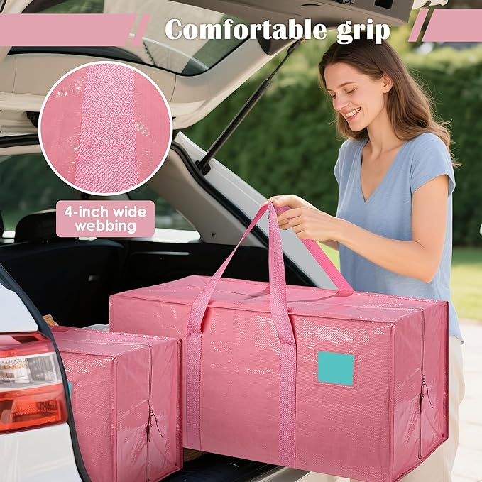 12 Pack Moving Bags with Full-Open Side Zipper, Extra Large 93L Heavy Duty Waterproof Foldable Storage Totes for College Dorm, Moving & Home Organization Pink