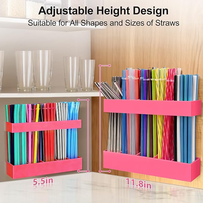9.5” Large Acrylic Straw Holder for Cabinet Door, Reusable Adjustable Two-Part Straws Organizer with Ultra Sticky Adhesive Strips, 2026 Straw Storage for Kitchen Cupboard