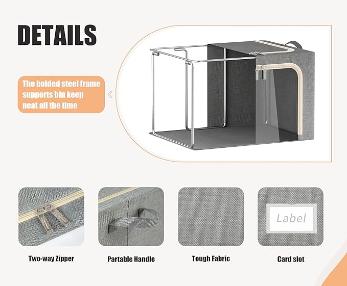3 Opeings Large Clothes Storage Bins with Metal Frame, Foldable Storage Bin for Clothes, Clothing Storage Bins with Lid, Linen Storage Box With Clear Window＆ Zippers＆ Handles.(3 Pcs,Light Grey,66L)