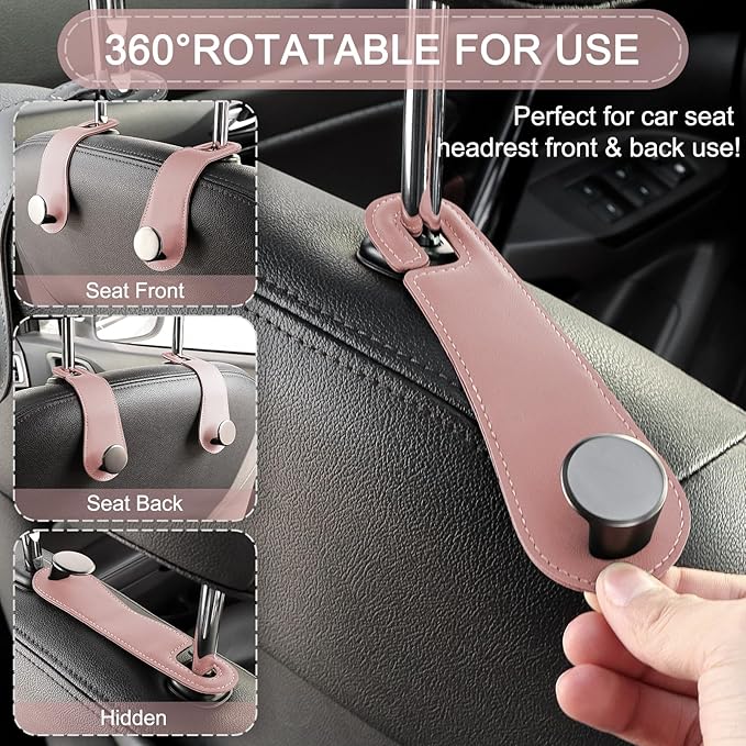 JESTOP Leather Car Seat Storage Hanger, 2 Pack Stylish Hooks for Purses Bags, Coats Umbrellas, Pink