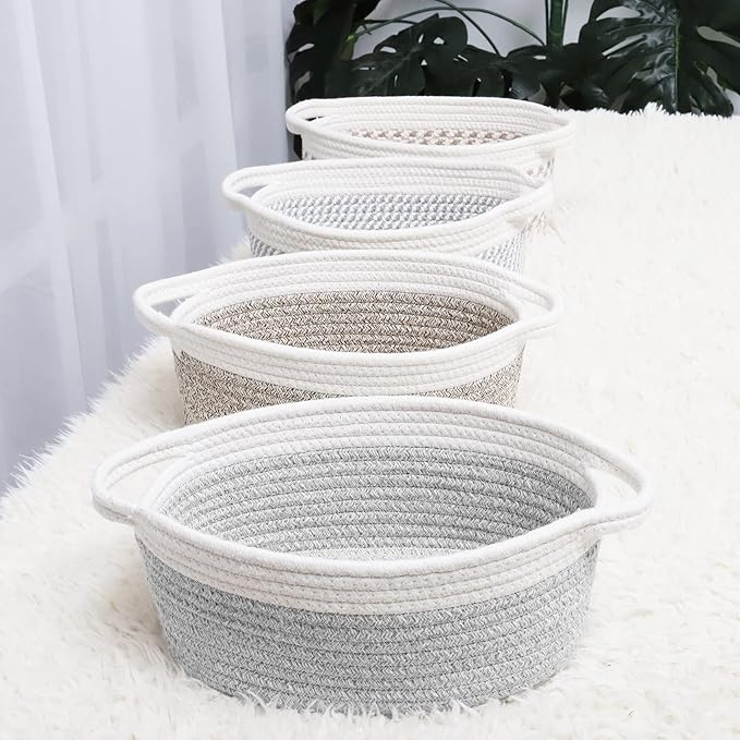 ABenkle Small Basket with Handles, Boho Decorative Rope Woven Dog Cat Toy Storage Bin Shelf Storage Organizer, Easter Christmas Gift Basket, 12"x8"x5"