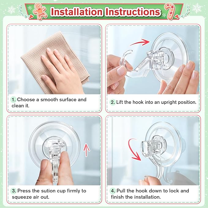 VIS'V Wreath Hanger, Large Suction Cup Wreath Hooks, Heavy Duty, 22 LB Capacity, Removable and Reusable, Clear, 6 Pcs