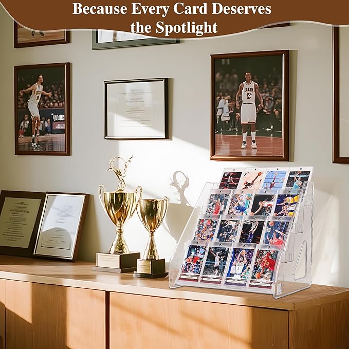 CELSOL Elevated 4 Tier Clear Acrylic Card Display Stand for Trading Cards, Sports Cards, Greeting Cards, Stickers – Slanted Holder for PSA Slabs, Vendors, Collectors & Retail (4 Tier 1 Pack)