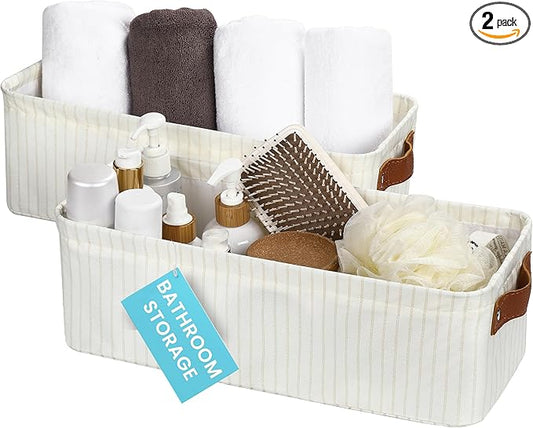 OrganiHaus Narrow Fabric Storage Baskets 2 Pack, Narrow Storage Bins for Shelves, Closet Storage Bins for Pantry Entryway Bathroom, Cloth Canvas Basket, White/Brown