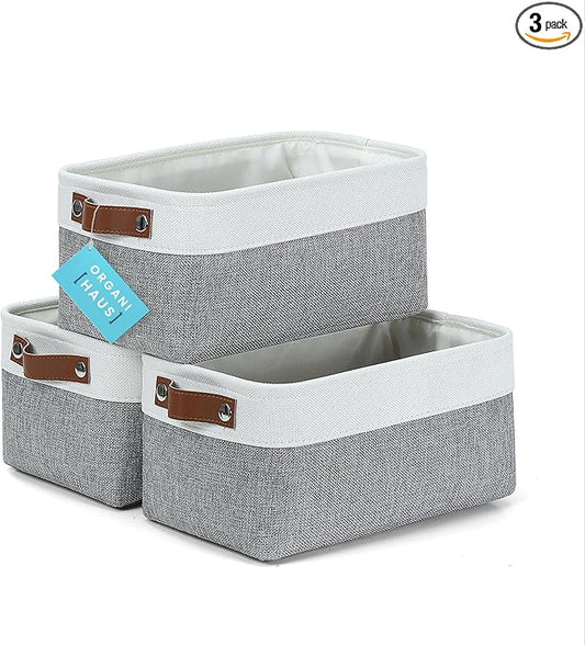 OrganiHaus Small Fabric Storage Baskets 3 Pack, 12x8in Cloth Storage Bins for Shelves, Small Baskets for Organizing Bathroom Pantry Closet, Canvas Shelf Baskets, Gray/Off-White