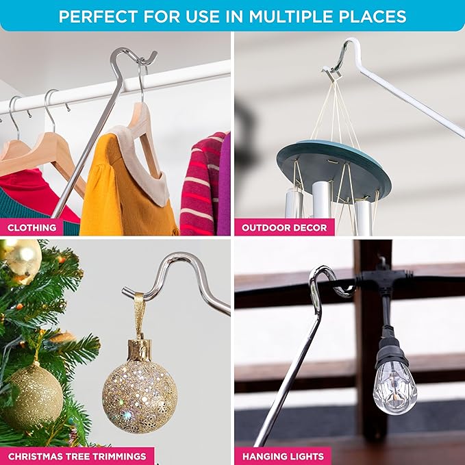 Closet Reacher Pole with Hook and Wooden Handle, Heavy Duty - Adjustable 2.75-5 Feet, Chrome Plated Steel Clothing Hanger Shepherds Hook to Easily Reach Clothes etc - Perfect for College Dorm