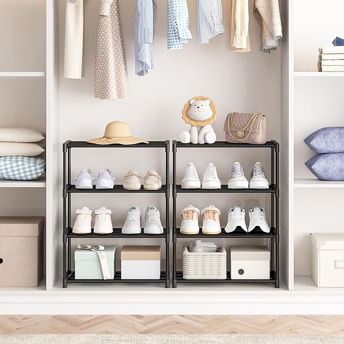 4 Tier Small Shoe Rack, Narrow Stackable Shoe Shelf for Kids Toddler Adult, Lightweight Shoe Rack Stand for Closet Dorm Storage Organizer, Front Door Entrance, Entryway