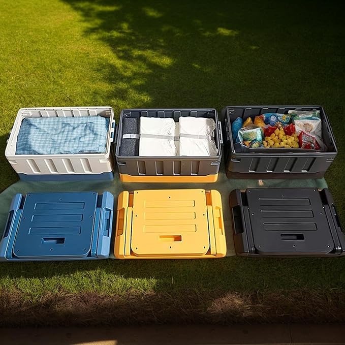 Versatile Foldable Seatable Car Organizer Box Heavy Duty Storage Bins With Lids Trunk,Durable Plastic,60L Can Store Clothes, Toys Camping Equipment in Large Capacity (yellow)