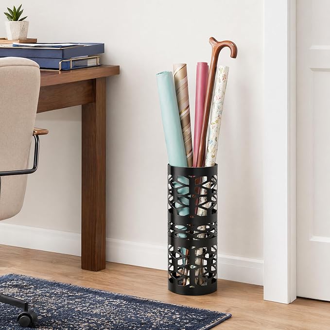 ZENFUN Umbrella Stand, Black Metal Umbrella Holder Freestanding, Cane Walk Stick Holder, Round Umbrella Rack for Entryway, Home, Office, 5.9 x 5.9 x 15.7 Inches