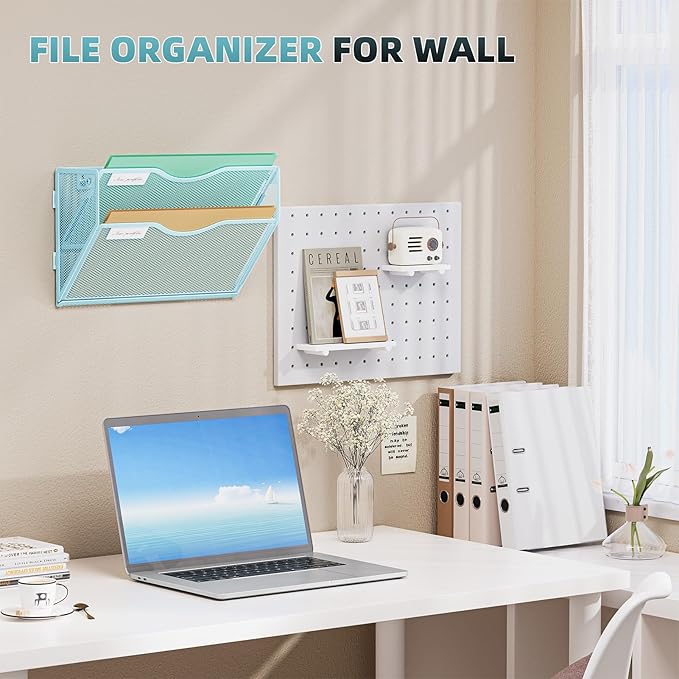 Marbrasse Wall File Holder 2-Tier Hanging Wall File Organizer, Mesh Mail Holder for Papers, Wall Mount File Clipboard & Magazine Organizer Great for Office Home (Blue)