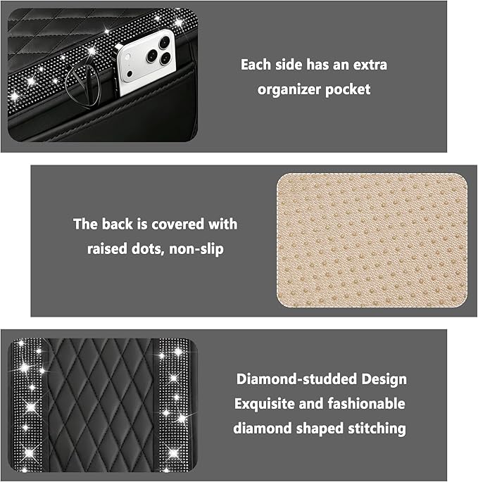Stacool Upgraded Car Center Console Cover with Rhinestones,Microfiber Leather Car Armrest Cover Cushion with 2 Storage Bags,Universal Cars Armrest Storage Box as Cars Interior Accessories