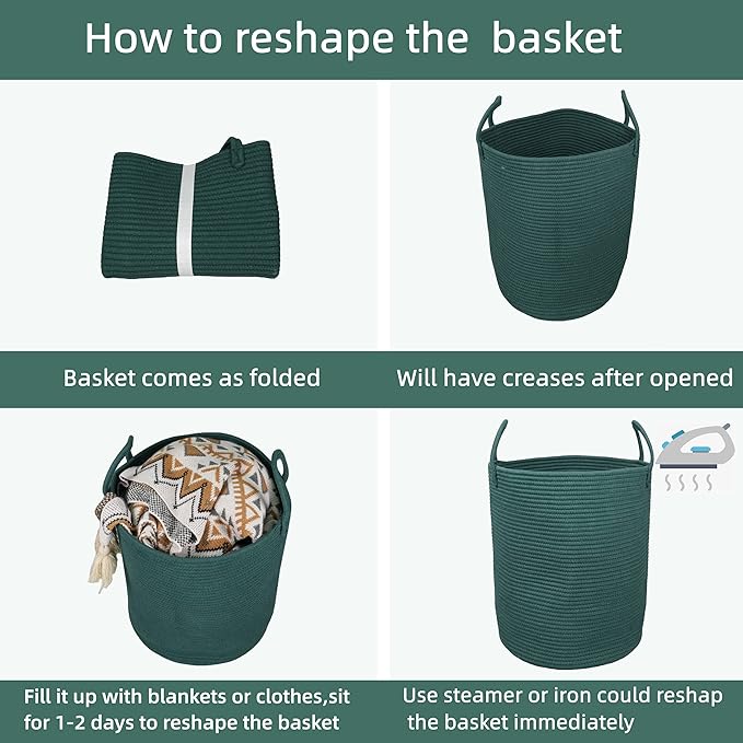 XUANGUO Cotton Rope Laundry Basket Hamper for Clothes Woven Storage Basket for Living Room Bedroom Boho Tall Rope Baskets for Blanket Toys Pillow Towels Baby Nursery Hamper Bin Large dark green
