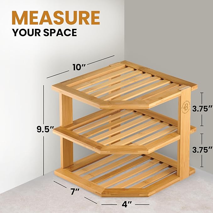 Bambüsi 3 Tier Bamboo Corner Shelf Cabinet Organizer - Kitchen Cabinet Space Saver for Plates, Dishes, Bowls, Pantry Storage - 9.5 in Tall x 10 in Deep Countertop Corner Rack | Kitchen Counter, Cabinet Space Saver, Plates, Dishes, Bowls, Bread Pantry