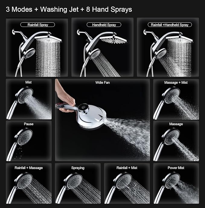 BOZYBO Rain Shower Head with Handheld: High Pressure Shower Heads with Handheld Spray Combo, 12" Rainfall Shower Head and 9 Sprays Hand Showerheads with Magnetic Docking and Power Jets, Chrome 1.8GPM