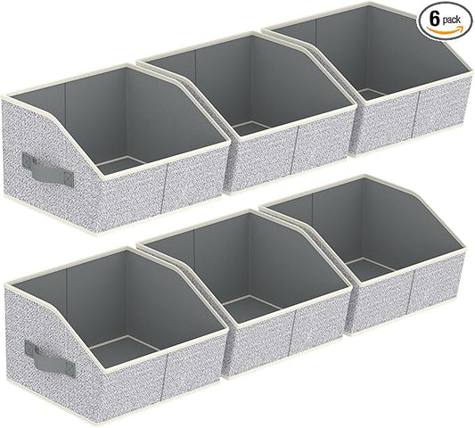 Storage Bins for Shelves - Small Trapezoid Closet Shelf Organizer, Fabric Organization Bins with Handles, Storage Baskets for Clothes, Towel, Purse, 6 Pack, Light Gray