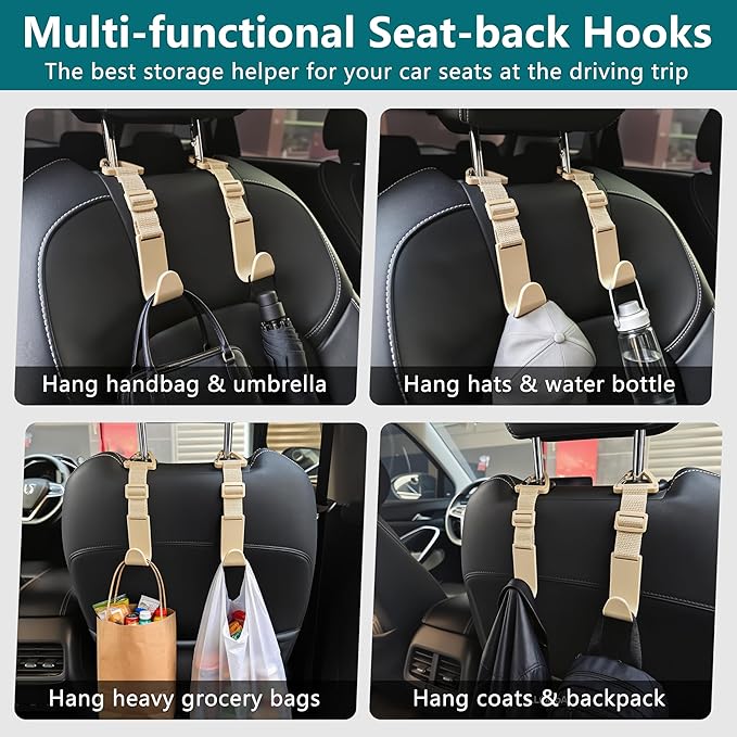 Amooca Headrest Hooks for Car Adjustable 4 Pack Vehicle Seat Back Organizer Storage Hanger Holder for Purse Bags Universal Fit with Clip Beige