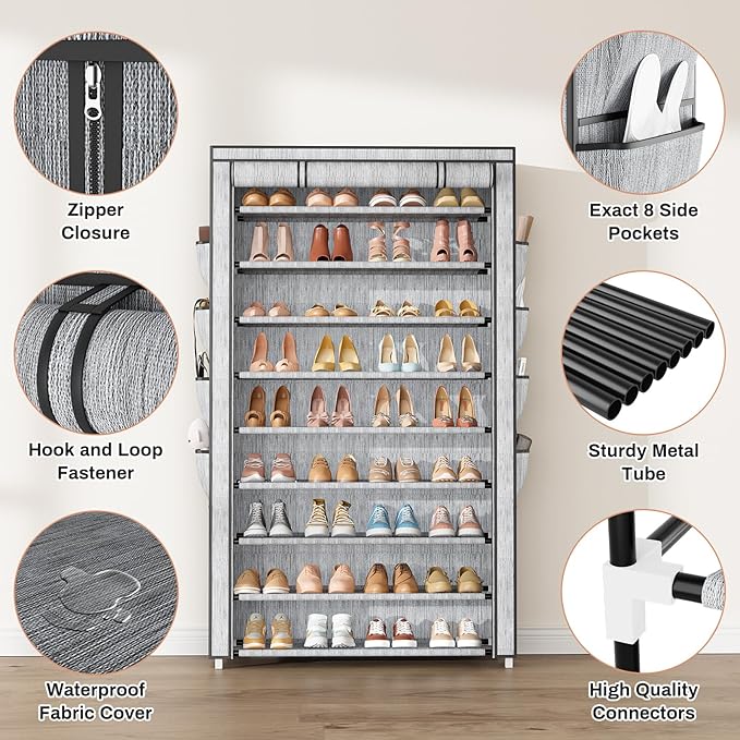 Shoe Rack with Cover, 10 Tier Shoe Organizer Storage for 40-50 Pairs Sneaker and Boots, Large Capacity, with 8 Pockets, Free Standing Tall Shoe Rack for Front Door Entrance, Closet, Printing