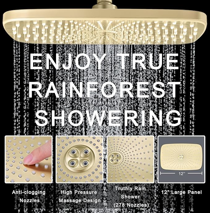 BOZYBO Rain Shower Head with Handheld: High Pressure Shower Heads with Handheld Spray Combo, 12" Rainfall Shower Head and 9 Sprays Hand Showerheads with Magnetic Docking and Power Jets, Gold 2.5GPM
