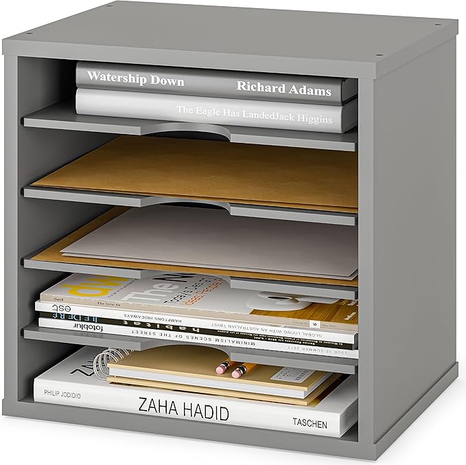 Ballucci 5-Tier File Organizer for Desk, Wooden Mail Sorter, Office Desk Organization, Paper Storage Organizers, Folder holder for desk, Letter Trays & Stacking Supports, Gray
