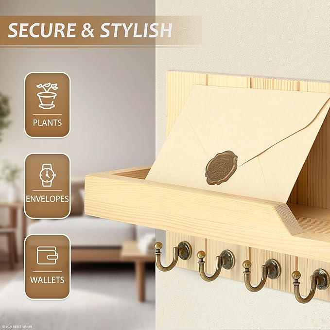 Rebee Vision Farmhouse Pine Key Holder Wall Mount for Room Decor - Key Holder for Wall with Floating Shelf for Placeable Plants- Rustic Key Hanger for Apartment Essentials (Original Wood,15-inch)