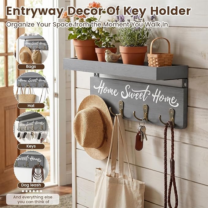 buways Key Holder Wall Mount with 4 Double Hooks-Solid Wood Wall-Mounted Organizer for Keys&Mail Rustic Key Rack Hanger Holder Home Decor for Entryway Living Room (Gray)