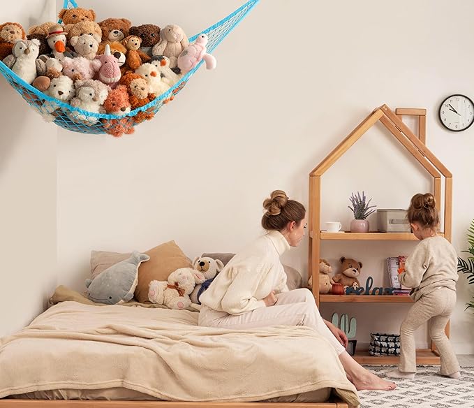 Stuffed Animal Storage Hammock Net Corner - Large Toy Hammock Net for Stuffed Animals Room Decor - Cute Stuff Animal Organizer Holder for Plush Plushie - Kids Baby Nursery Wall Bedroom Home Decor