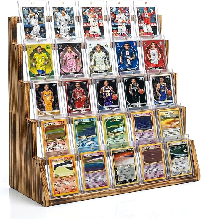 5 Tier Wooden Card Display Stand – Vertical Card Holder Display for Trading Cards, Game Cards, Sports Cards, Graded PSA/BGS/SGC, Baseball, Basketball&Football(Soccer) Card Stand, Desk & Shelf Organize,Charred Wood