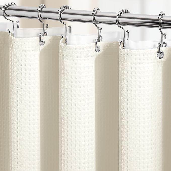 Dynamene Ivory Shower Curtain and Liner Set, Waffle Weave Fabric, Waterproof Clear Liner, 256GSM Heavy Duty Weighted Hotel Luxury Cloth Shower Curtains for Bathroom with 12 Plastic Hooks, 72Wx72H