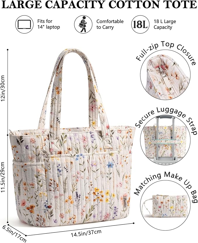 Bagstellar Puffer Tote Bag for Women, Quilted Cotton Laptop Work Tote Shoulder Bag for College School, Teacher, Nurse, Travel | Top Full-zip Closure