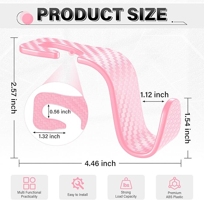 SINGARO Universal 4 Pack Car Seat Headrest Purse Hook, Carbon Fiber Back Seat Hook Storage Organizer Hanger for Purse Handbag Coat, Car Interior Accessories(Pink)