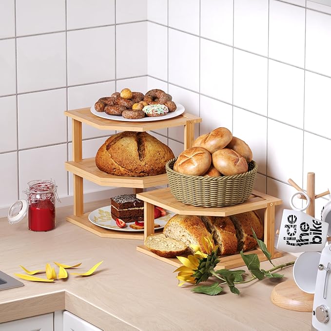 Bamboo Corner Shelf(3 Pack),2 Tier Plate Organizer for Cabinet and Countertop,Pantry Dish and Spice Rack for Kitchen