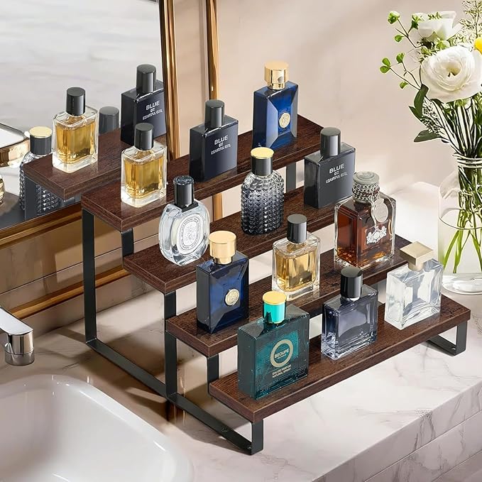 HomePekite Dark Brown Wood Cologne Organizer for Men,12 Inch Cologne Stand Waterproof Perfume Organizer for Dresser with Anti-Slip Washers,Wooden Display Risers Stand